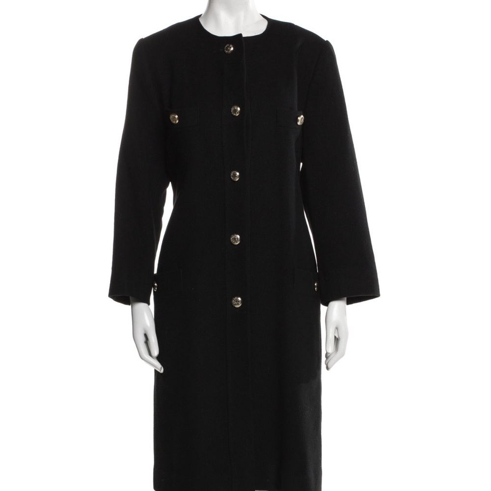 Neiman Marcus Black Trench Coat with Gold Buttons